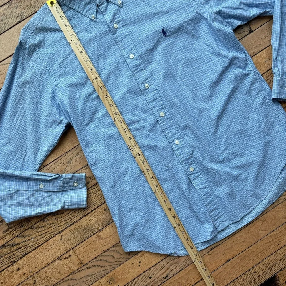 Mens Ralph Lauren Button Down Dress Shirt Blue‎ Checkered Horse Polo Logo Sz L